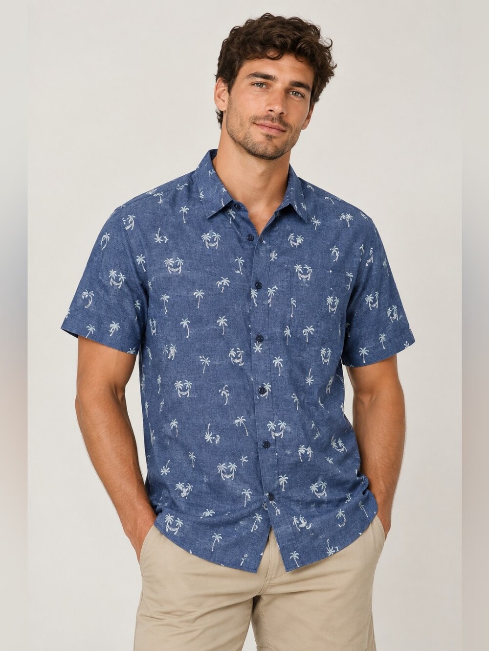 Tommy Bahama Men's S Navy Palm-Print Button-Up Shirt